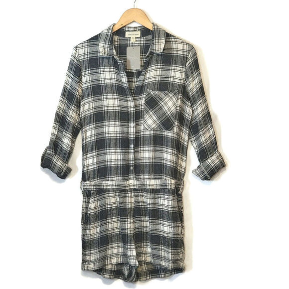 Anthropologie Cloth & Stone Plaid Romper Relaxed Fit Soft Casual Gray White S - Picture 14 of 14